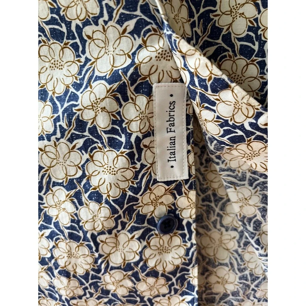 Serge Blanco Men's Sz XL Beige Navy Floral Button Up Shirt Classic Fit Italian